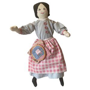 Vintage handmade quilter rag doll pink gingham apron lace embroidery hoop 20"